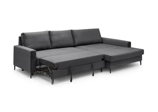Ecksofa - 3-Sitzer mit Longchair rechts, Schlaffunktion mit Bettkasten, Stoff, Anthrazit