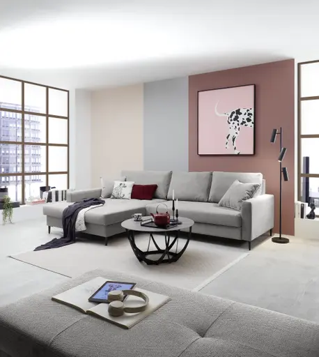 Ecksofa - Longchair links mit 3-Sitzer, Stoff, Eisengrau