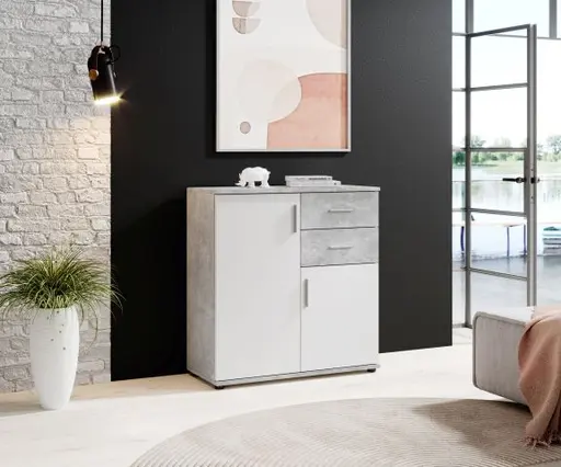 Kommode - B ca. 80 cm, Betonoptik, Weiß