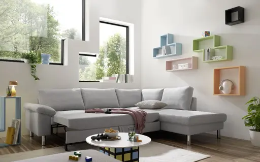 Ecksofa COOL - 2,5-Sitzer mit Ecke rechts, Querschläfer, Stoff, Hellgrau