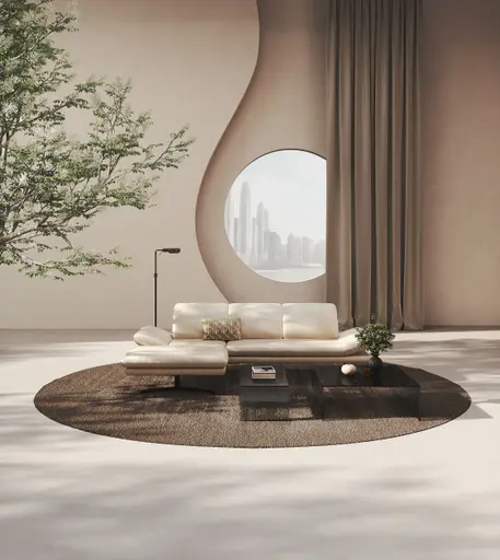 Ecksofa Hubertus - Longchair links mit 2-Sitzer, Armlehne verstellbar, Leder, Creme