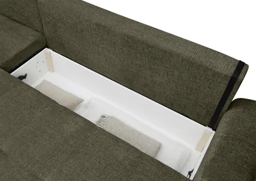 Ecksofa - Longchair links mit 2-Sitzer, Schlaffunktion mit Bettkasten, Stoff, Moos