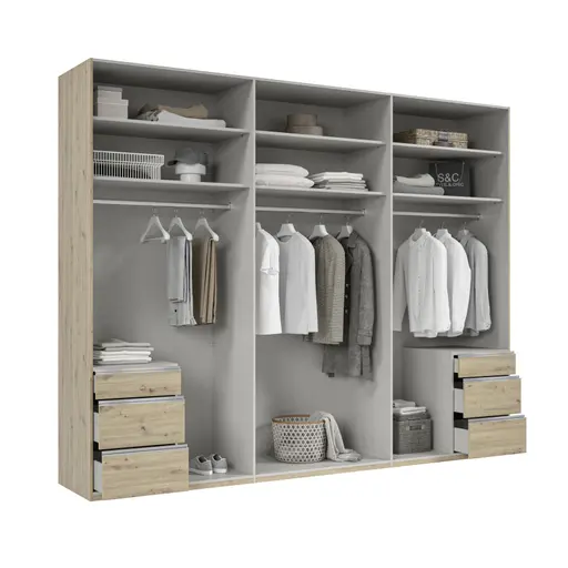 Drehtürenschrank- B ca. 300 cm, Eiche Dekor, Weiß, Spiegel