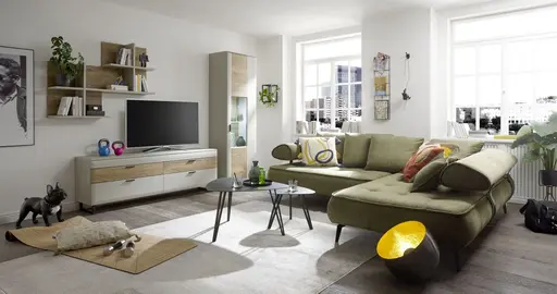 Ecksofa - 2-Sitzer, Ecke rechts inkl. Schlaffunktion, Relaxfunktion, Stoff, Olive