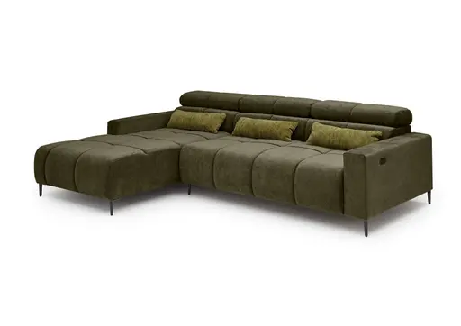 Ecksofa - Longchair links mit 2-Sizer, Sitztiefe verstellbar motorisch/Kopfteil verstellbar, Stoff, Dunkelgrün