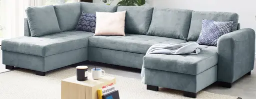 Wohnlandschaft - Ecke links, 2-Sitzer, Longchair rechts, Stoff, Blau