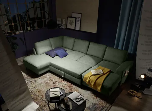 Wohnlandschaft - Ecke links mit 2-Sitzer und Longchair rechts, Stoff, Dunkelgrün
