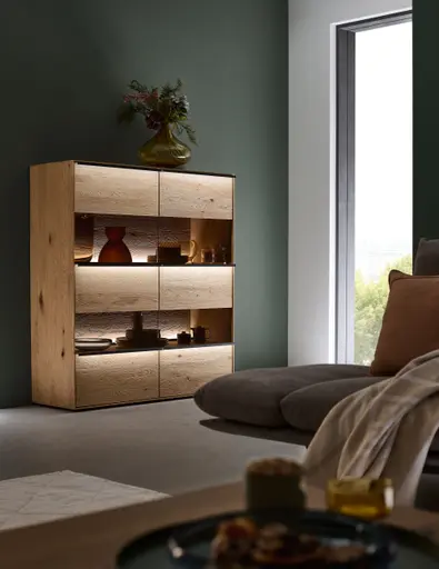 Highboard - mit Beleuchtung, Kerneiche Natur massiv