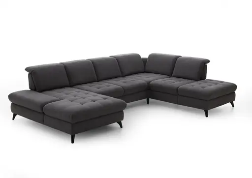 Wohnlandschaft - Longchair mit 2-Sitzer und Abschlusselement rechts, inkl. Schwenkrücken, Stoff, Grau