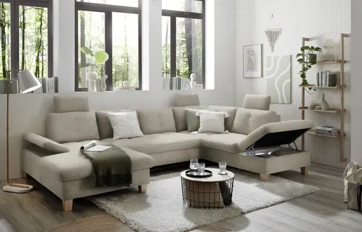 Wohnlandschaft - Ecke links, 2-Sitzer, Longchair rechts inkl. Schlaffunktion mit Bettkasten, Stoff, Hellgrau