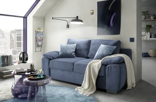 Schlafsofa EMIEL - 2-Sitzer inkl. Schlaffunktion und Bettkasten, Stoff, Blau