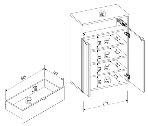 Schuhschrank - B ca. 70 cm, Riva Eiche Nachbildung, Basalt