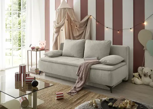 Sofa JANIN - 2-Sitzer, Schlaffunktion mit Bettkasten, Stoff, Beige
