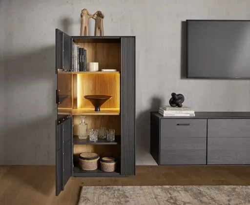 Vitrine Estana - inkl. Beleuchtung, Eiche massiv, anthrazit