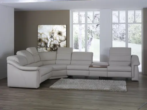 Ecksofa - 2-Sitzer mit Ecke rechts, Kopfteil verstellbar, Leder, Hellgrau