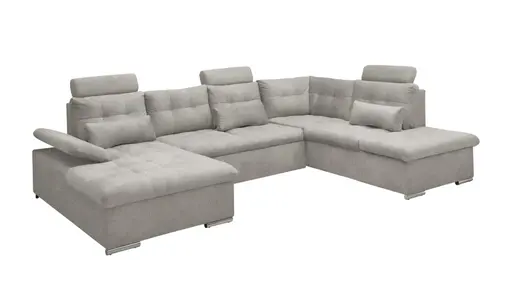 Wohnlandschaft-  Recamiere links, 2-Sitzer, Ottomane rechts, Schlaffunktion, Bettkasten,  Armteilverstellung,Flachgewebe, Taupe