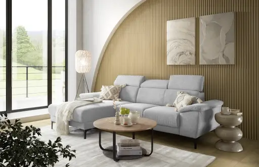 Ecksofa EZRA - Ecke links, 2-Sitzer inkl. Kopfteilverstellungen, Stoff, Hellgrau