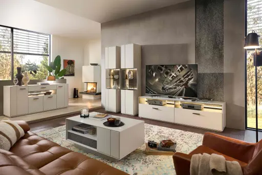 Couchtisch - mit Schubkasten, LBH ca. 110x60x45 cm, Creme Lack, Absetzung: Granit Steinfurnier