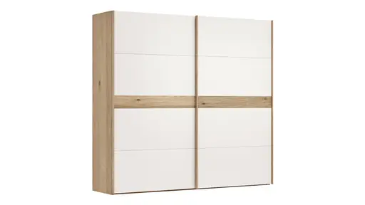 Schwebetürenschrank Viana - B ca. 241 cm, Lack, Weiß, Riffholz, Balkeneiche