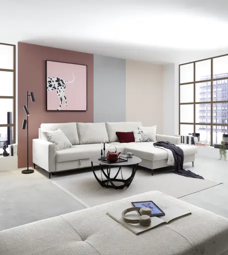 Ecksofa - 3-Sitzer mit Longchair rechts, Schlaffunktion mit Bettkasten, Stoff, Creme