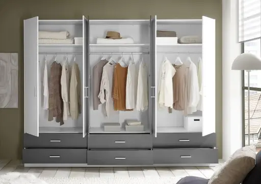Kleiderschrank- B ca. 272 cm, Weiß, Graphit Dekor