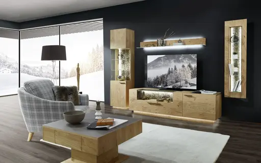 Wohnwand - mit Beleuchtung, Kernwildasteiche Furnier, Nischenrückwand echte Baumrinde