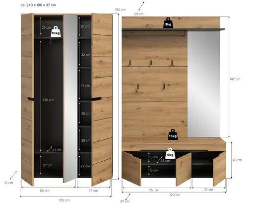 Garderobe - Basalt grau, Artisan Eiche Nachbildung