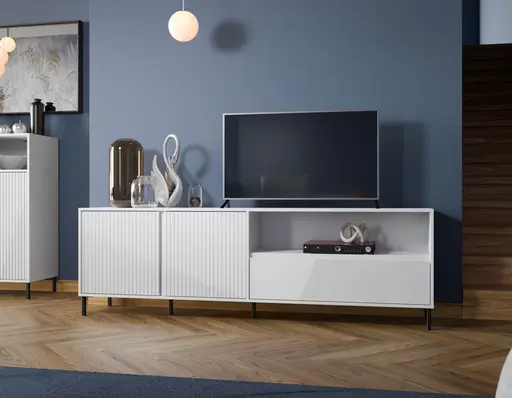 TV-Lowboard - B ca. 208 cm, Weiß, Weiß Hochglanz