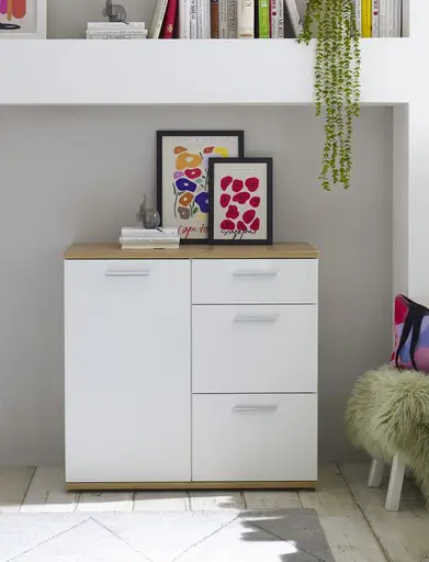 Kommode - B ca. 95 cm, Weiß, Artisan Eiche Nachbildung