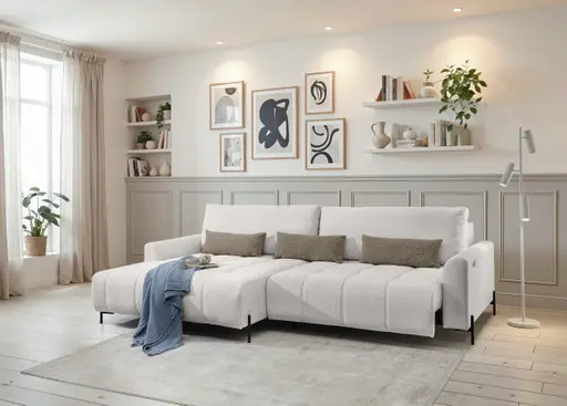 Ecksofa - Longchair links mit 2-Sitzer, Sitztiefe verstellbar motorisch, Stoff, Sand