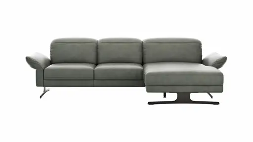 Ecksofa Rockport B - 2,5-Sitzer mit Longchair rechts inkl. Kopfteil/Sitztiefe/Armlehne verstellbar, Leder, Grau