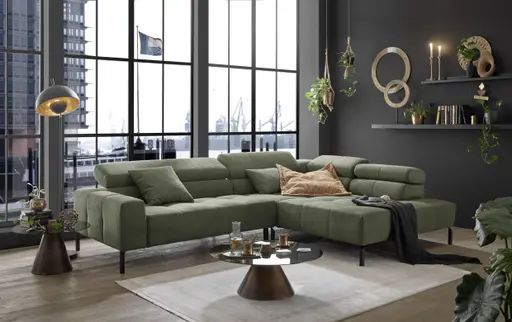 Ecksofa COLLEEN 2.0 - 2-Sitzer mit Ecke rechts, Kopfteil verstellbar, Feincord, Olive