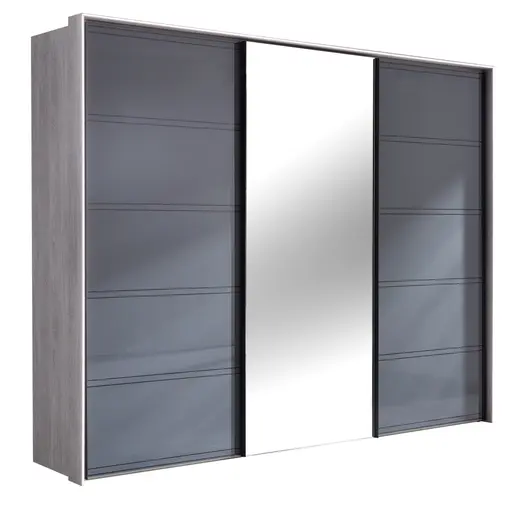 Schwebetürenschrank 3-türig EM Arango - mit Passepartout und Beleuchtung, B. ca. 298 cm, Dekor Eiche grau, Anthrazitglas, Kristallspiegel