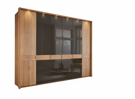 Drehtürenschrank - inkl. Passepartout-Rahmen und Beleuchtung, B. ca. 306,4 cm, Erle teilmassiv, Glas Mocca