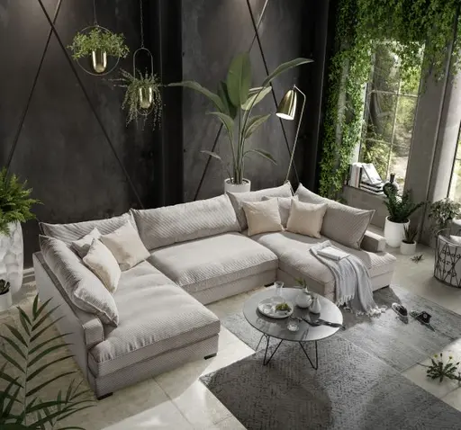 Wohnlandschaft - Longchair links, 2-Sitzer, Ecke rechts, Stoff, Hellgrau