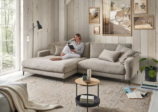 Ecksofa - Longchair links mit 1,5-Sitzer, Stoff, Sand