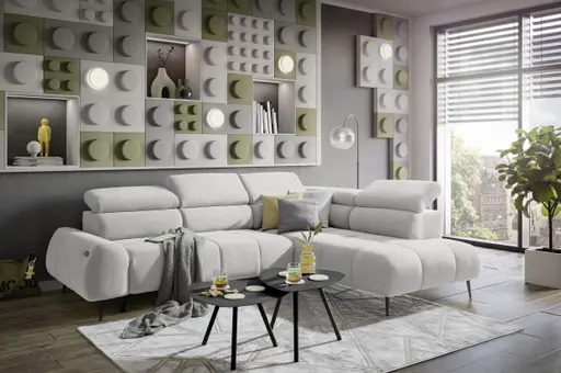 Ecksofa - 2-Sitzer mit Ecke rechts, Sitzvorzug motorisch, Kopfteil verstellbar, Stoff, Weiß