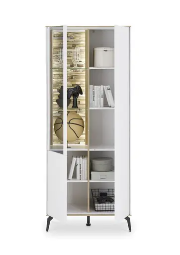 Vitrine - mit Beleuchtung, B ca. 81 cm, Weiß, Asteiche, Schwarz