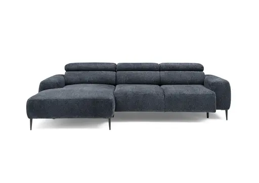 Ecksofa - Longchair links mit 2-Sitzer, Sitzvorzug motorisch, Kopfteil verstellbar, Stoff, Blau