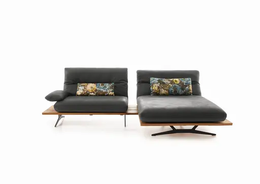 Ecksofa - 1-Sitzer mit Longchair rechts, Rücken/Armlehne/Sitztiefe verstellbar, Leder, Schwarz