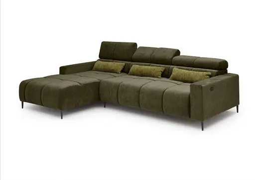 Ecksofa - Longchair links mit 2-Sizer, Sitztiefe verstellbar motorisch/Kopfteil verstellbar, Stoff, Dunkelgrün