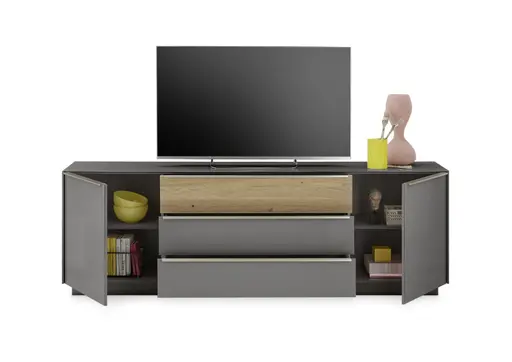 Lowboard - mit Beleuchtung, B ca. 214 cm, Anthrazit, Eiche massiv