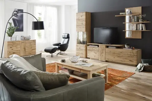 Wohnwand - mit Beleuchtung, Eiche teilmassiv