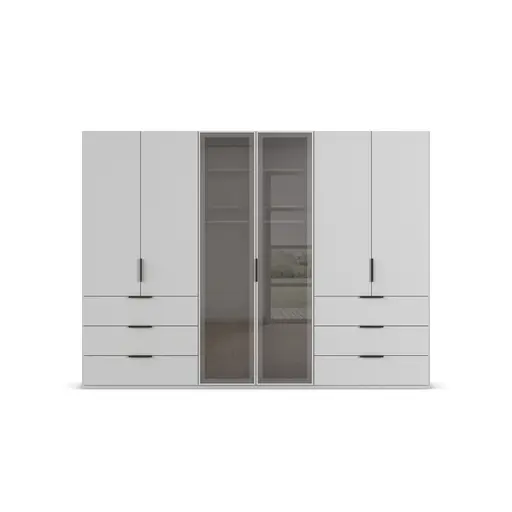 Drehtürenschrank - B. ca. 300 cm, Seidengrau Dekor, Glasrahmentüren Schwarz