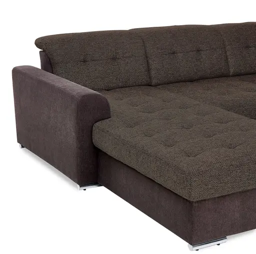 Wohnlandschaft - Longchair links, 3-Sitzer, Ecke rechts inkl. Schlaffunktion, Bettkasten, Kopfteilverstellung, Sitztiefenverstellung in Kunstleder Braun