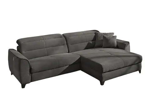 Ecksofa - 1-Sitzer mit Longchair rechts, Relaxfunktion motorisch, Kopfteil verstellbar, Cord, Grau
