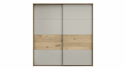 Schwebetürenschrank Viana - B ca. 188 cm, Furnier, Balkeneiche, Hellgrau