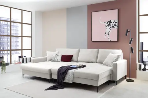 Ecksofa - Longchair links mit 3-Sitzer, Schlaffunktion mit Bettkasten, Stoff, Creme