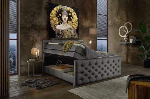 Boxspringbett SANDRIN- Liegefläche ca. 180x200 cm, Stoff, Taupe, inkl. Stauraum und Fußteil