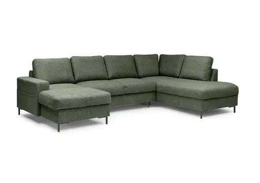 Wohnlandschaft - Longchair links mit 2-Sitzer und Ecke rechts, Stoff, Dunkelgrün